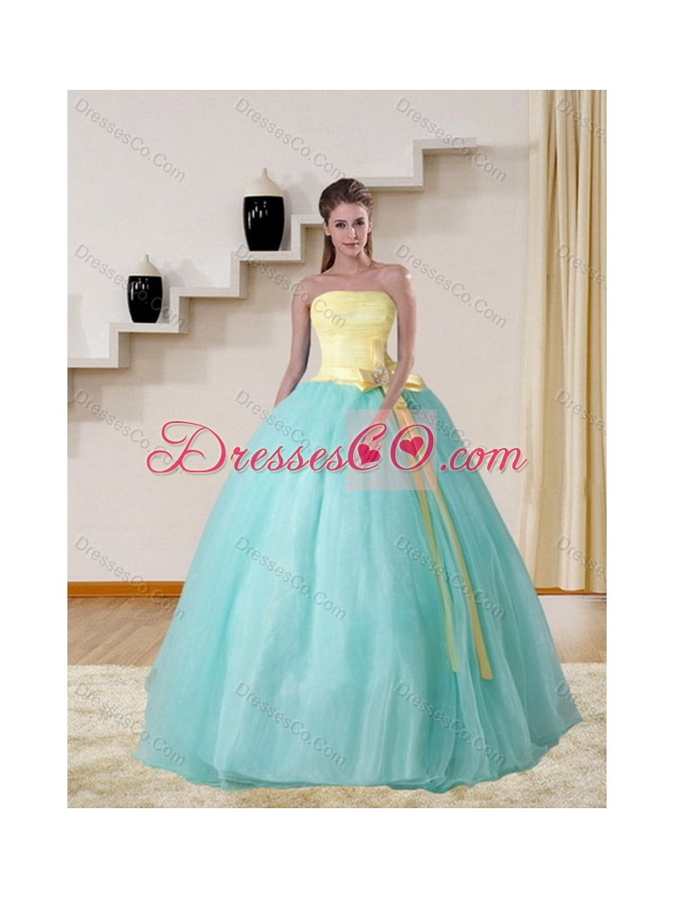 Strapless Floor Length Multi Color Quinceanera Gown with Bowknot