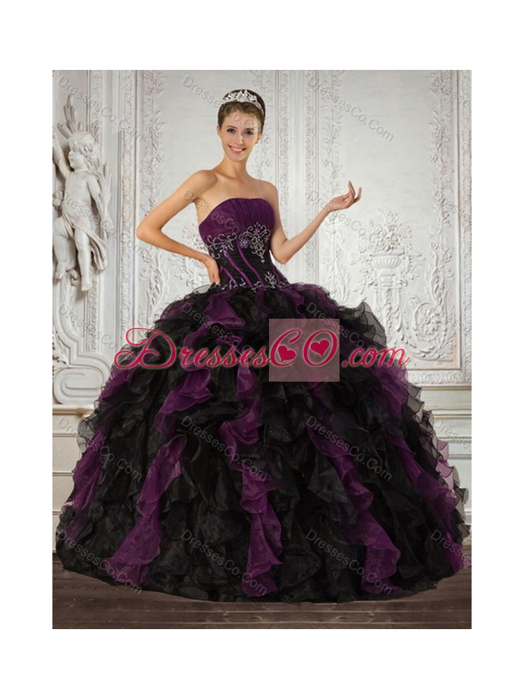 Strapless Multi Color Quinceanera Dress with Ruffles and Embroidery