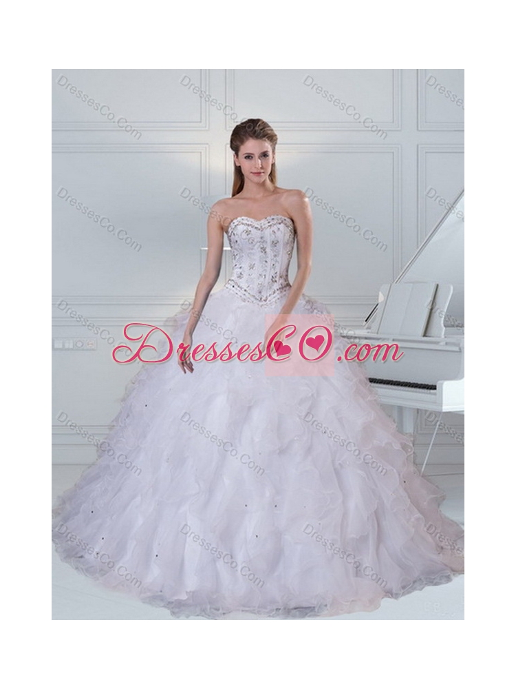 White Quinceanera Dress with Ruffles and Beading