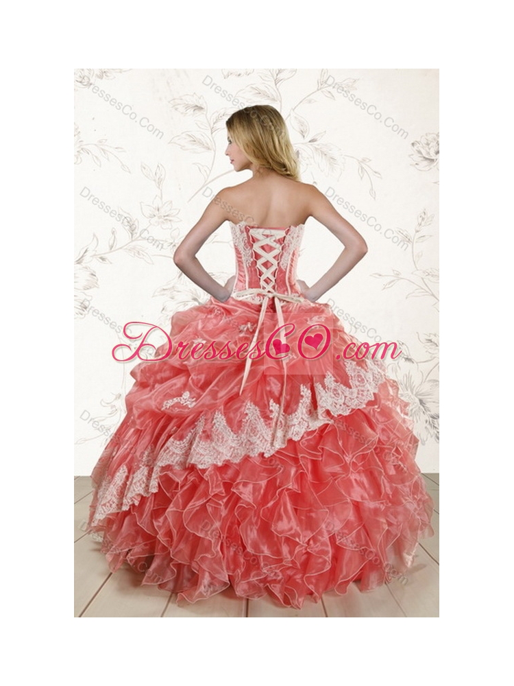 Watermelon Strapless Latest Quince Dress with Appliques and Ruffles