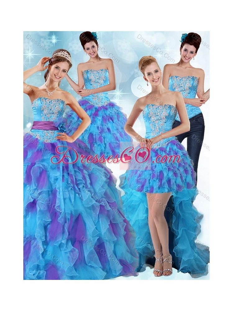 Latest Multi Color Strapless Quinceanera Dress with Ruffles and Sash