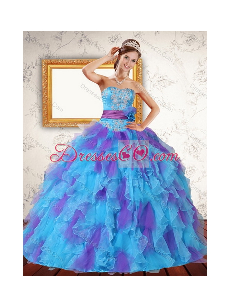 Latest Multi Color Strapless Quinceanera Dress with Ruffles and Sash