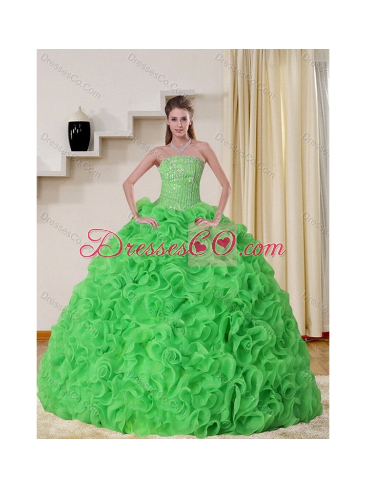 Spring Green Strapless Quinceanera Dress with Beading and Ruffles