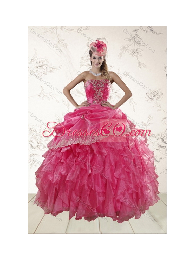Beautiful and Classic Ruffles and Appliques Quince Dress in Hot Pink
