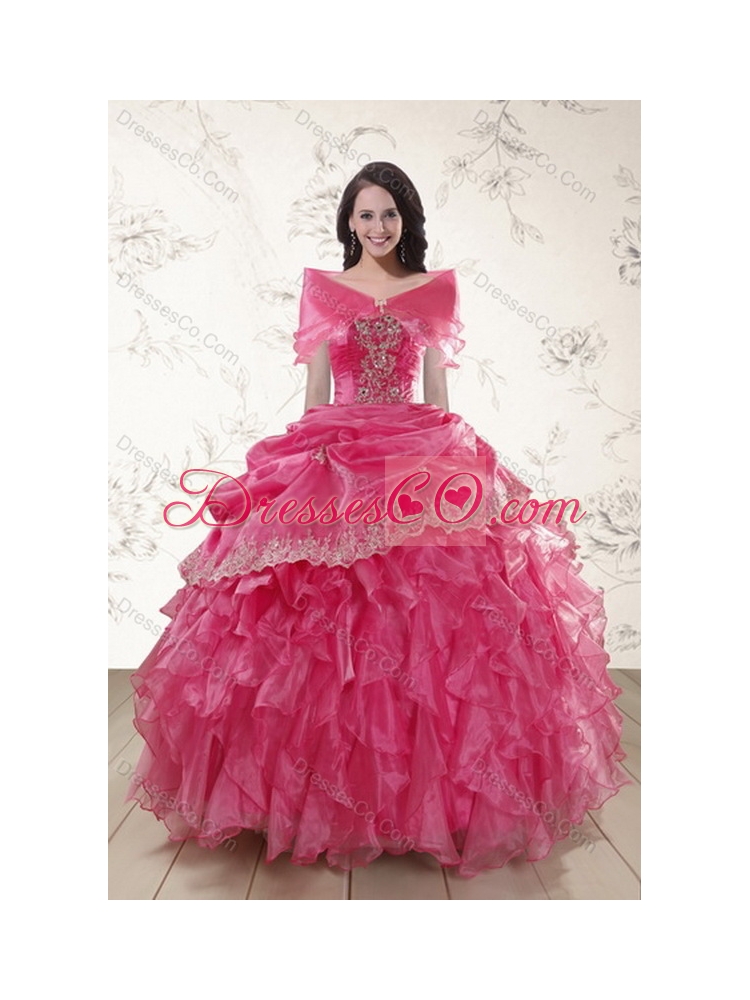 Beautiful and Classic Ruffles and Appliques Quince Dress in Hot Pink
