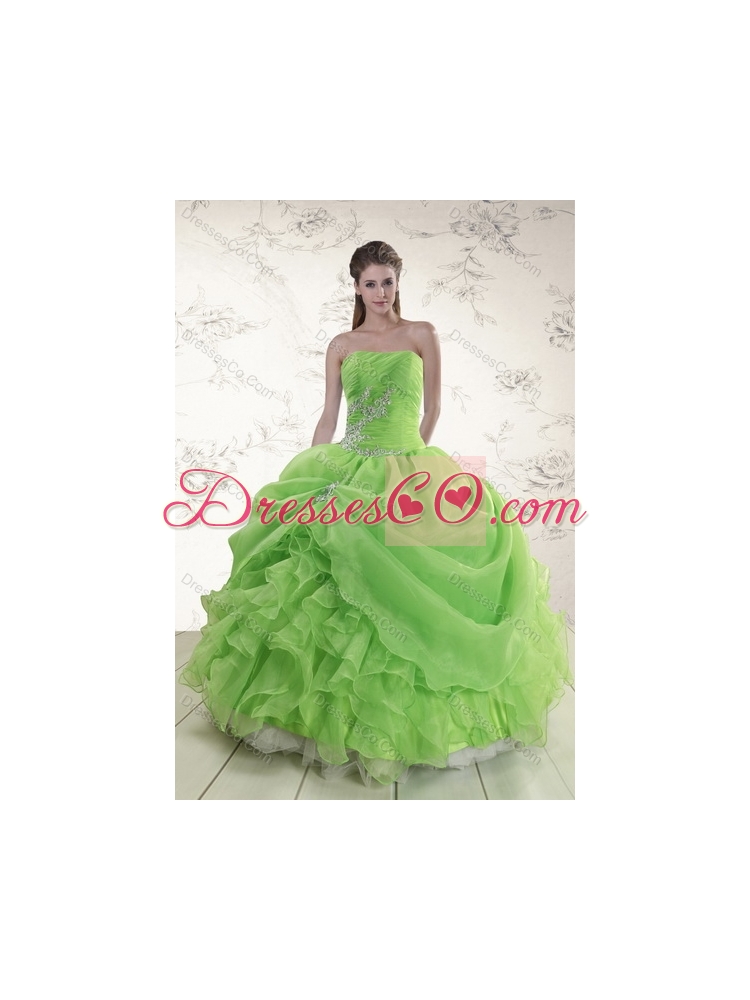 Brand New Spring Green Strapless Sweet 15 Dress with Ruffles and Beading