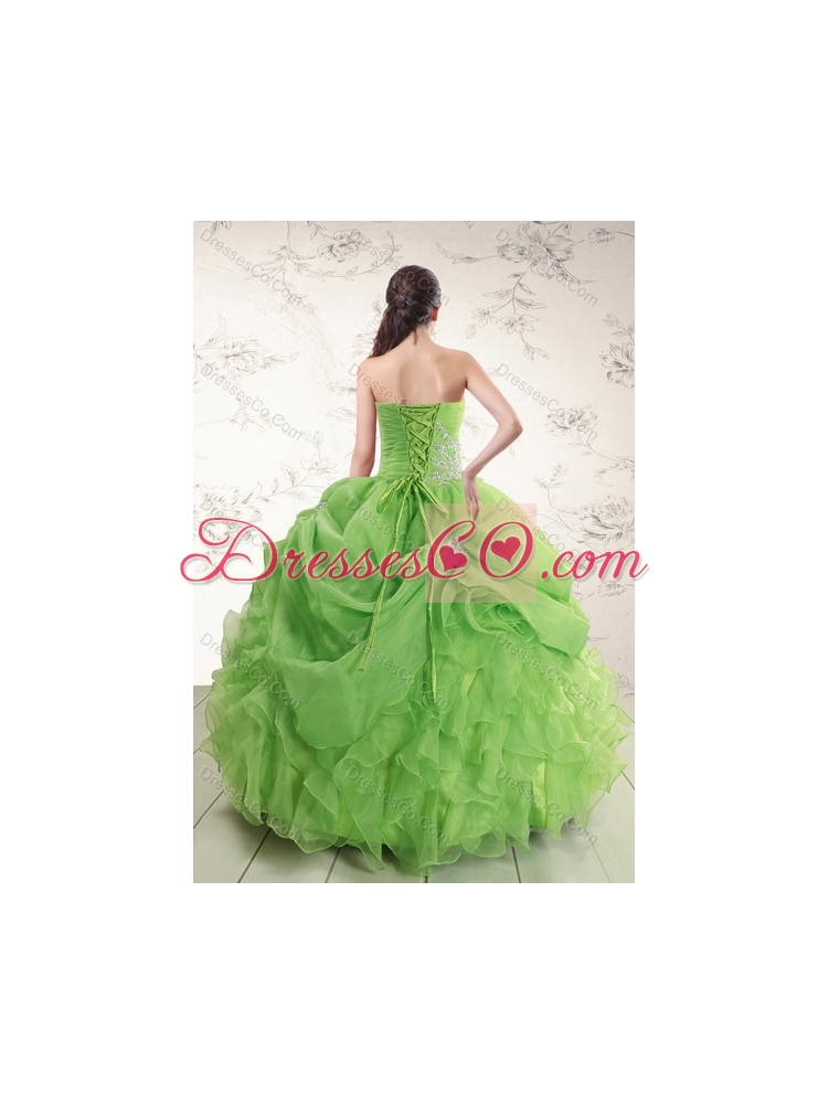 Brand New Spring Green Strapless Sweet 15 Dress with Ruffles and Beading