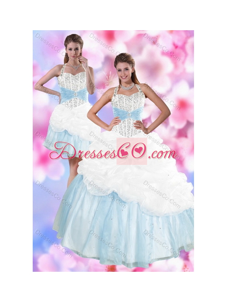Classic Multi Color Halter Top Quince Dress with Pick Ups and Beading