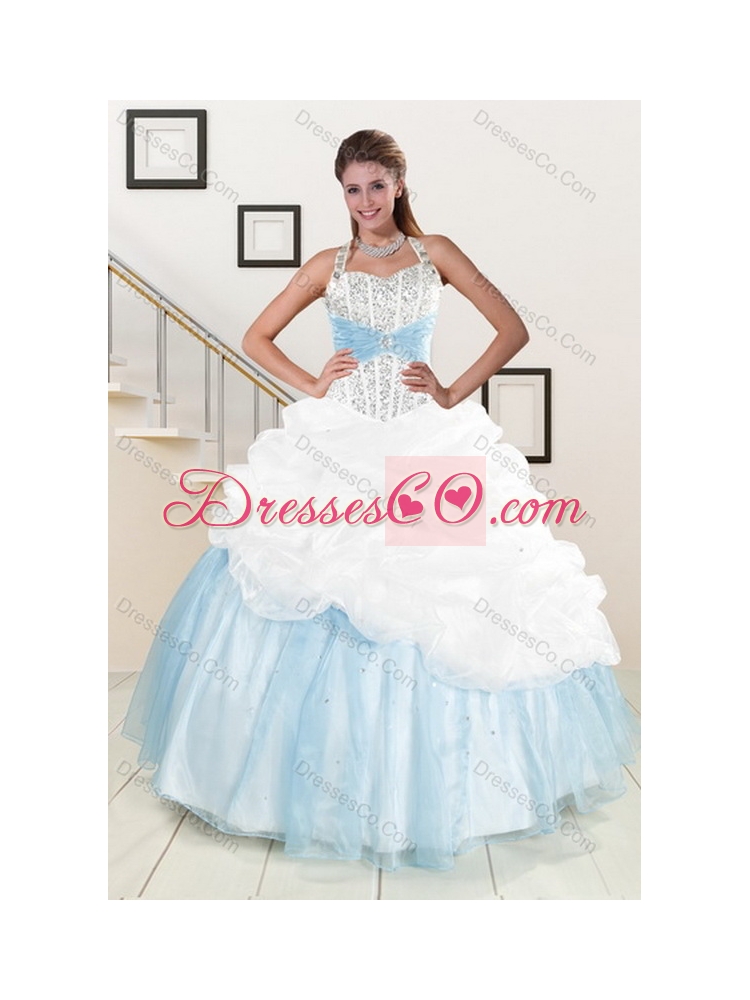 Classic Multi Color Halter Top Quince Dress with Pick Ups and Beading