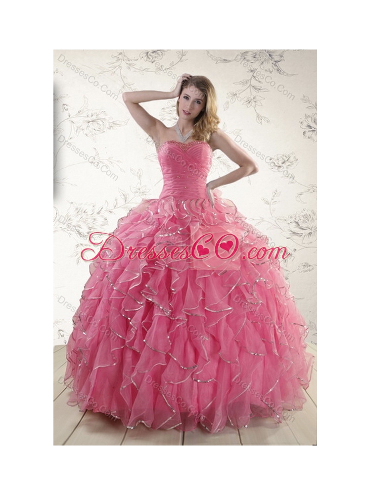 Elegant Rose Pink Latest Quince Dress with Paillette and Ruffles