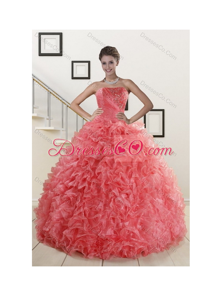 Inexpensive Watermelon Sweet 15 Dress with Beading and Ruffles