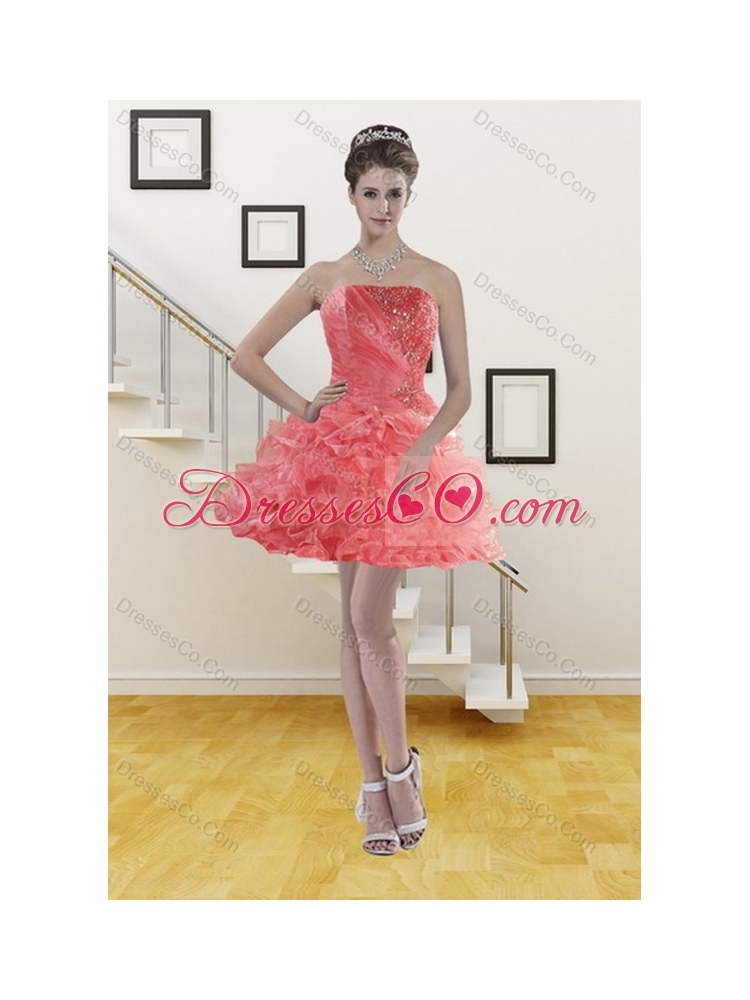 Inexpensive Watermelon Sweet 15 Dress with Beading and Ruffles