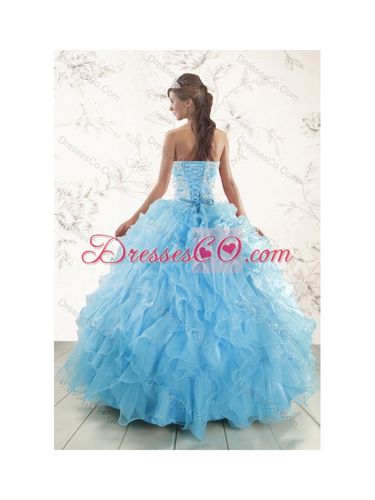 Latest Elegant Baby Blue Quince Dress with Appliques and Ruffles