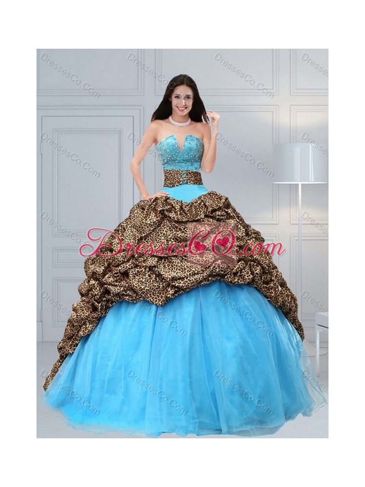Latest Leopard Print Baby Blue Quinceanera Dress with Brush Train and Beading