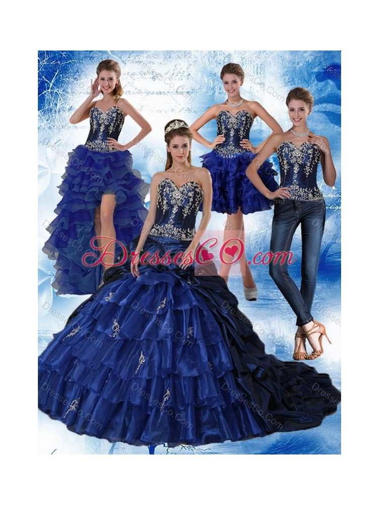 Navy Blue Quinceanera Dress with Embroidery and Ruffles