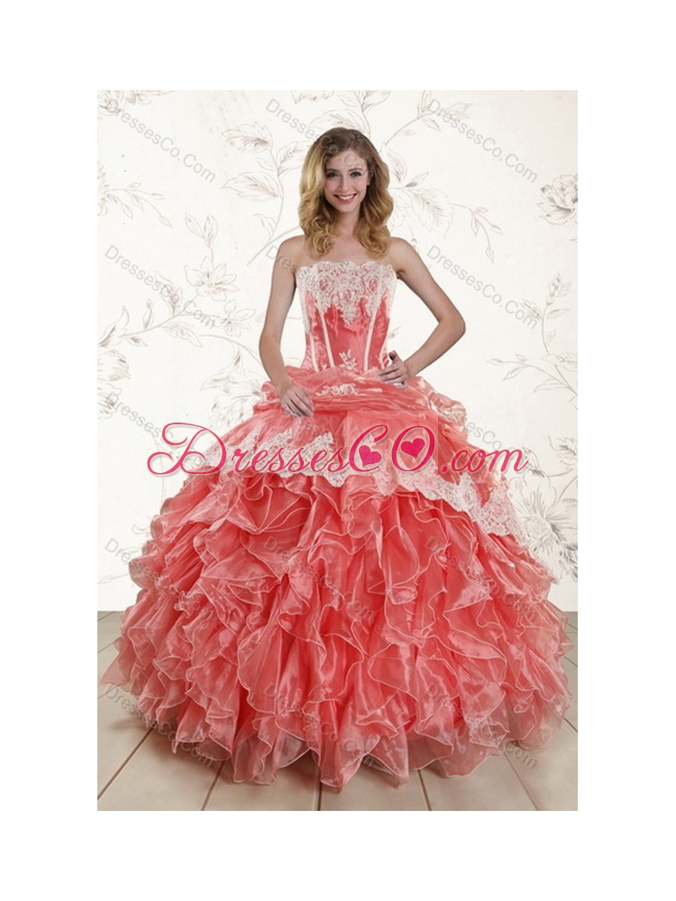 New Style Strapless Appliques and Ruffles Pretty Quinceanera Dress in Watermelon