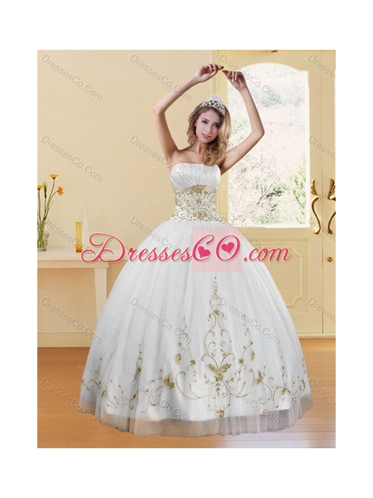 New Style Strapless Embroidery White and Gold Dress Quinceanera