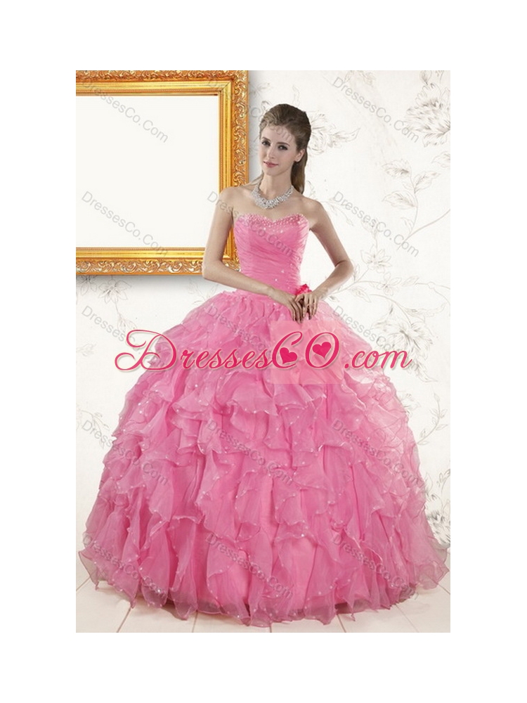 Pretty and Classic  Baby Pink Quince Dress with Beading and Ruffles