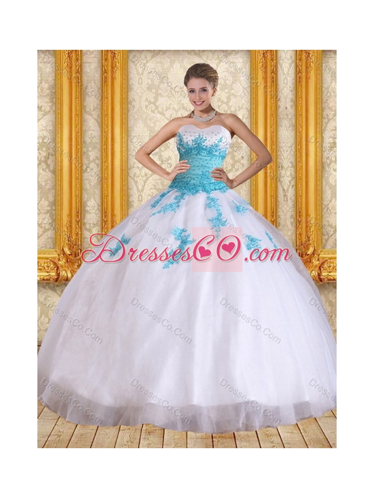 Pretty Beautiful Strapless Beading and Appliques Quinceanera Dress in White and Blue