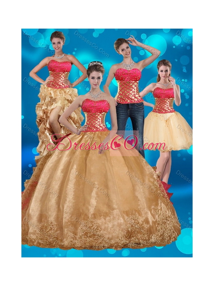 Pretty Gold Strapless Quince Dress with Beading and Embroidery