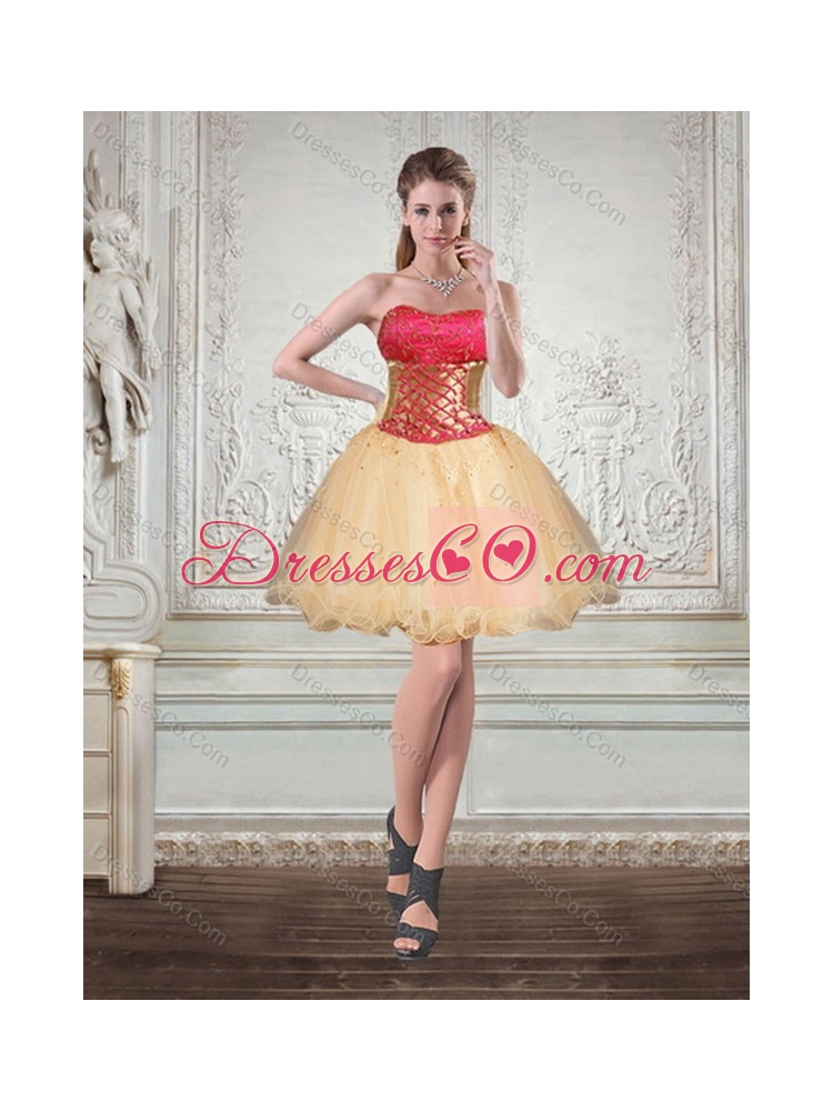 Pretty Gold Strapless Quince Dress with Beading and Embroidery