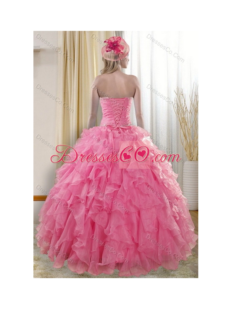 Pretty Rose Pink Quinceanera Dress with Ruffles and Beading