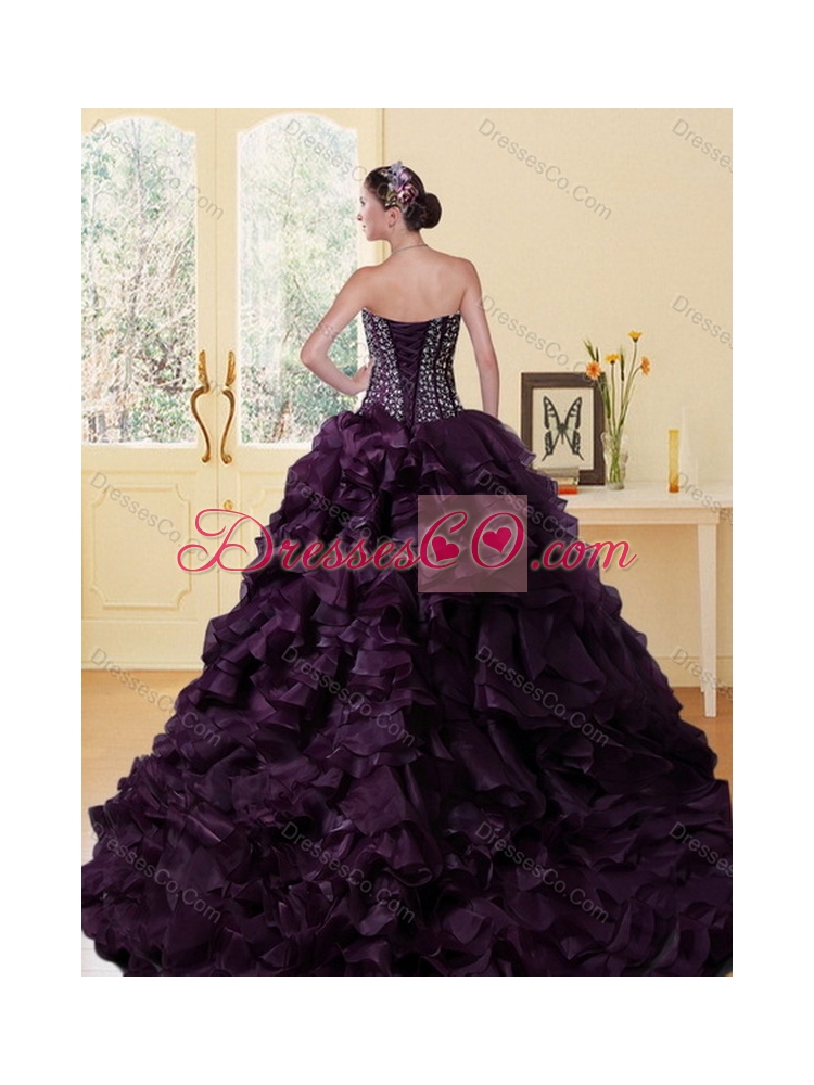 Pretty Burgundy Quinceanera Dress with Ruffles and Beading