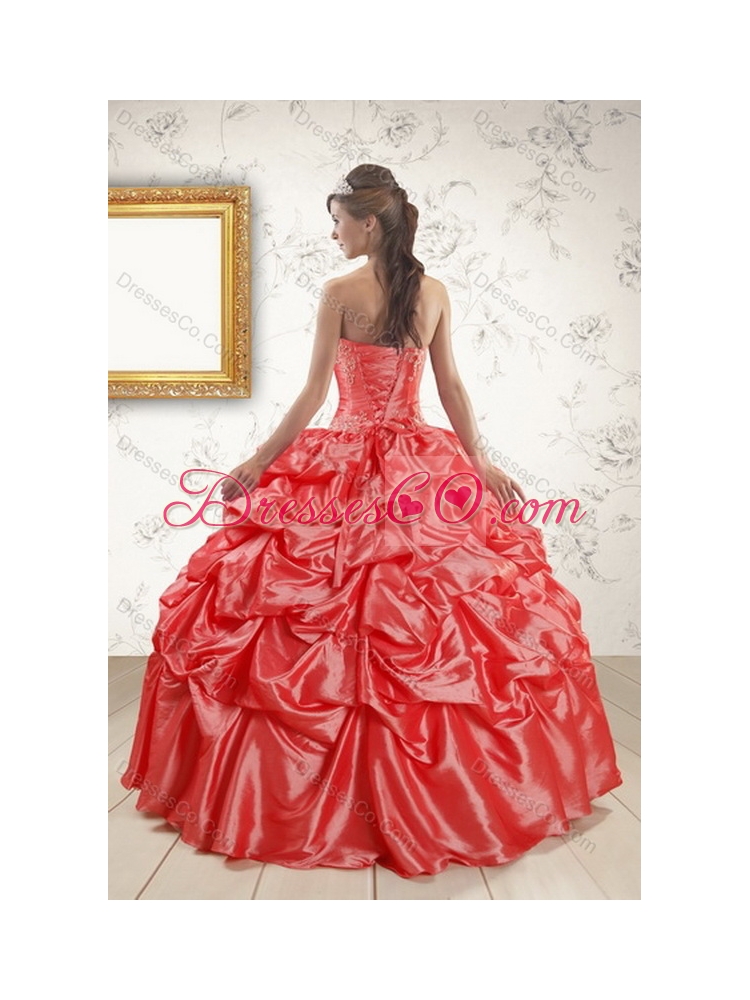 Strapless Coral Red Quinceanera Dress with Pick Ups and Beading