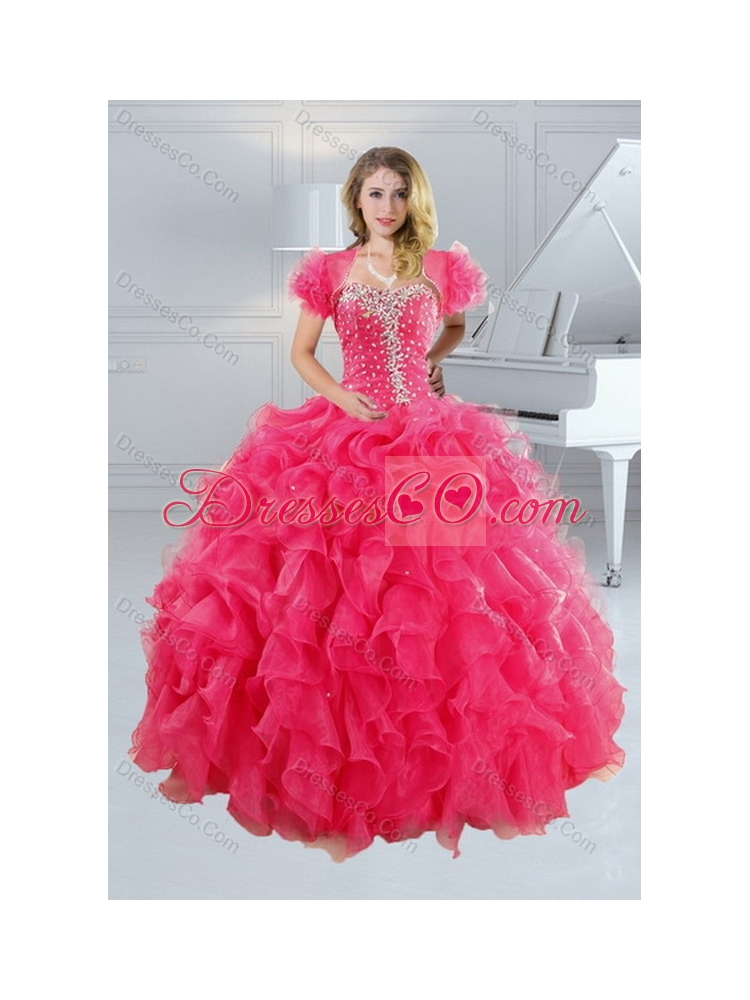 Unique Hot Pink Quince Dress with Ruffles and Beading