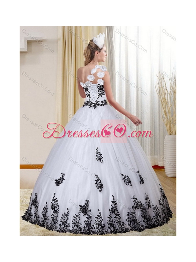 Cheap One Shoulder White and Black Latest Quinceanera Dress with  Appliques for