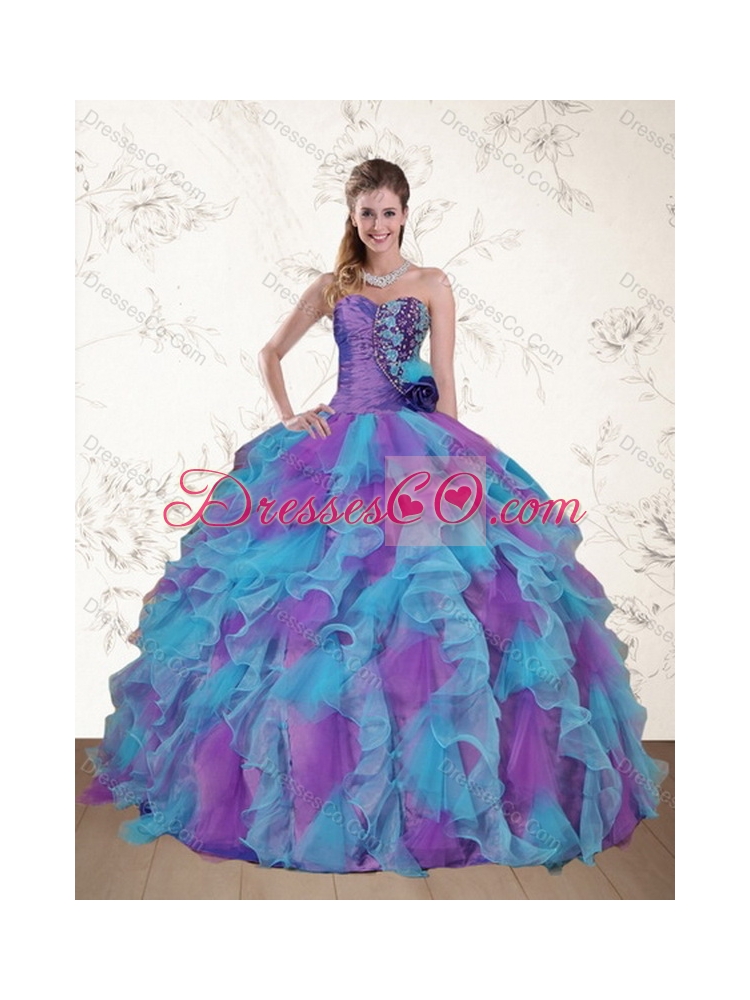 Classic and Cute Strapless Beading and Ruffles Multi Color Sweet 15 Dress