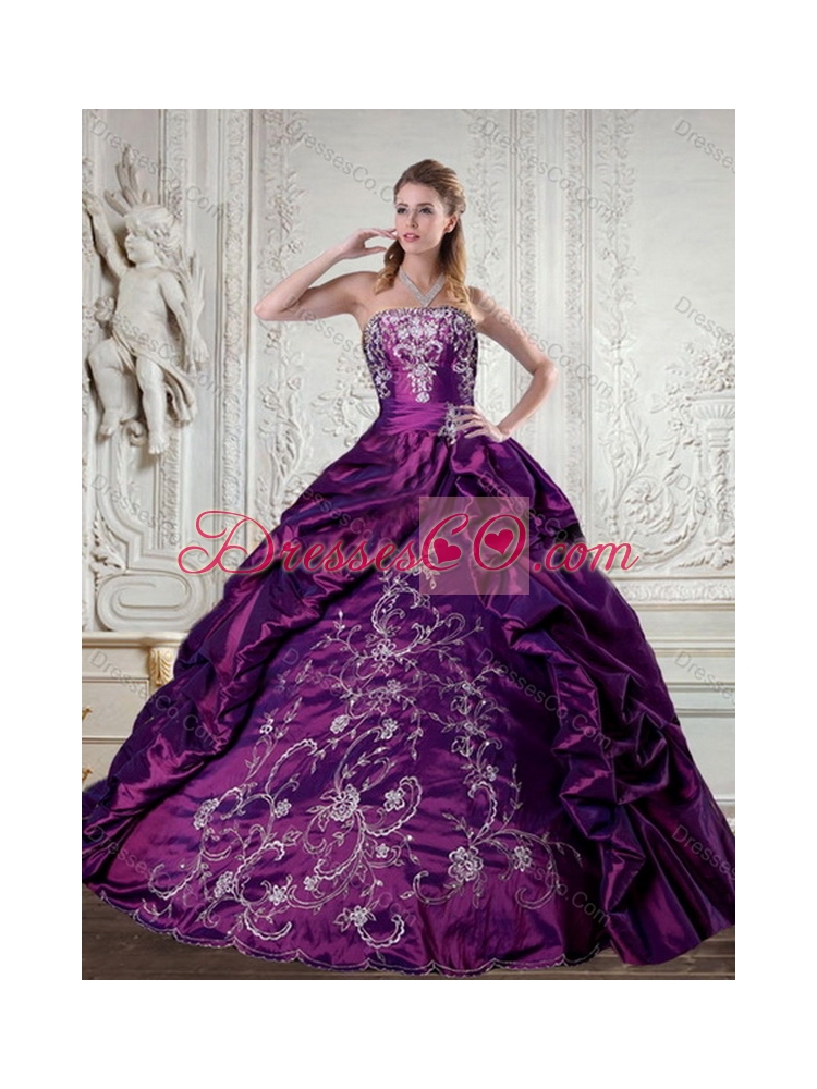 Classic Floor Length Strapless Embroidery and Pick Up Quinceanera Gown for