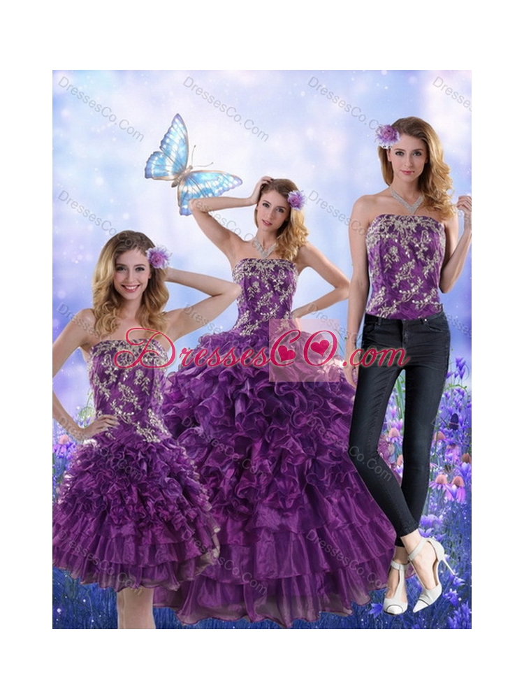 Fantastic Purple Strapless Quince Dress with Appliques and Ruffles for