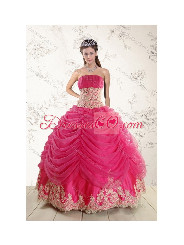 Fashionable  Strapless Hot Pink Quinceanera Dress with Beading and Lace