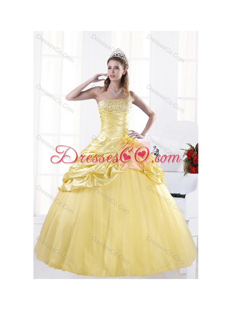 Fashionable Strapless  Beading Latest Quince Dress with Beadings and Pick Ups