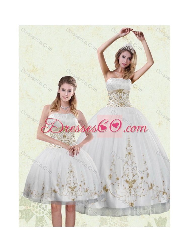 Inexpensive and Classic  Embroidery White and Gold Quinceanera Dress for