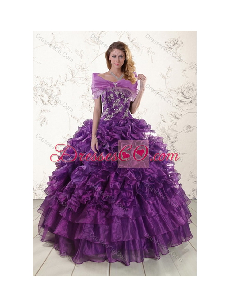 Lovely Purple Strapless Appliques and Ruffles Quince Dress
