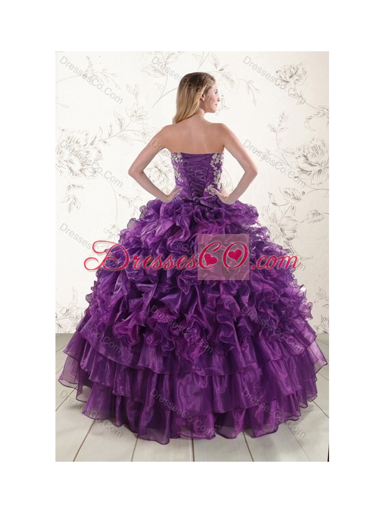 Lovely Purple Strapless Appliques and Ruffles Quince Dress