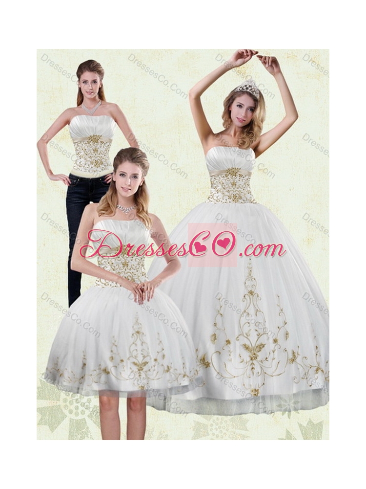 Modest  Strapless Embroidery White and Gold Latest Quinceanera Dresses