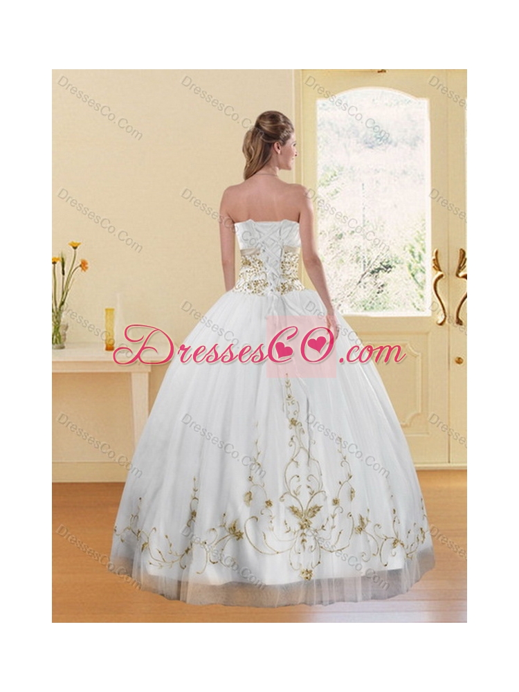 Modest  Strapless Embroidery White and Gold Latest Quinceanera Dresses