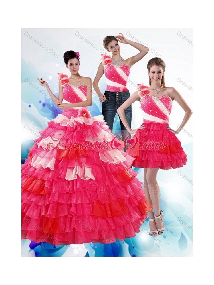 One Shoulder Ruffled Layers and Beading Multi Color Quinceanera Dress