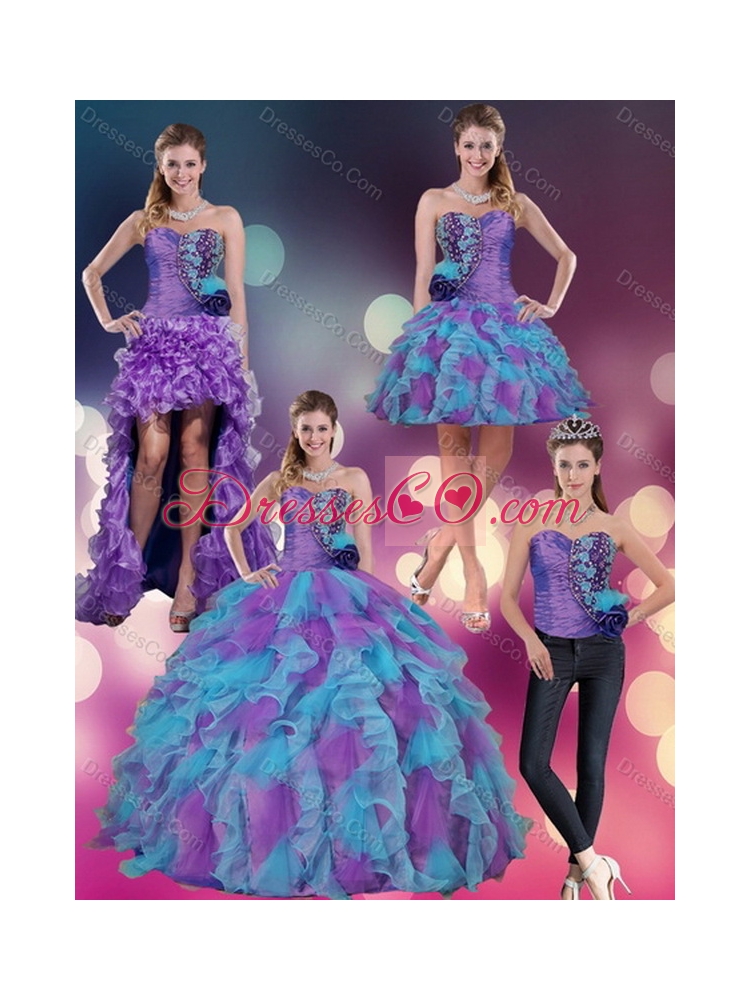 Pretty Multi Color Strapless Quinceanera Dress with Beading and Ruffles
