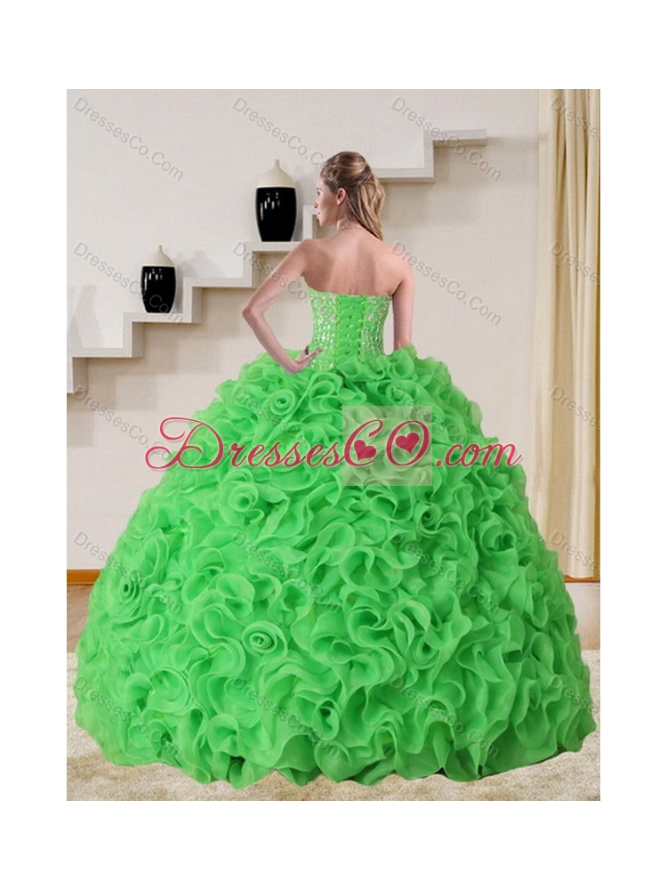 Pretty Strapless Spring Green Quinceanera Dress with Beading and Ruffles