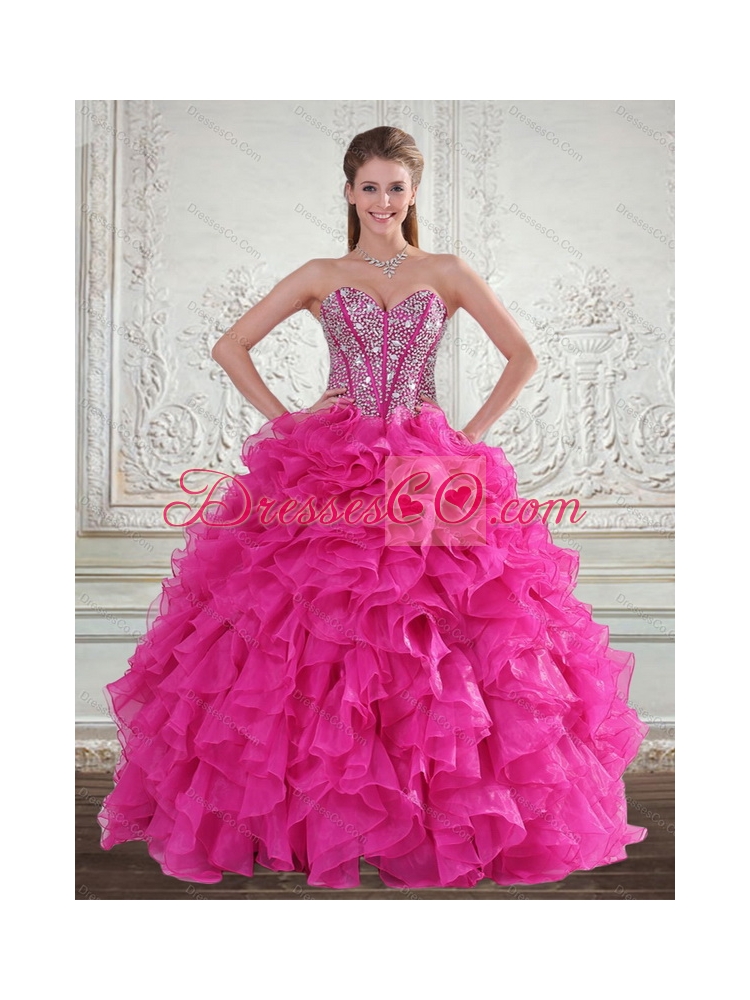 Pretty Hot Pink  Quinceanera Gown with Beading and Ruffles