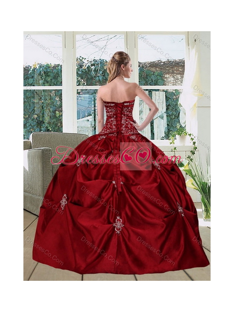 Wine Red  Pretty Strapless  Pretty Quinceanera Gown with Embroidery and Pick Ups