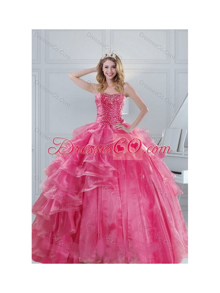 Hot Pink Dress Quinceanera with Beading and Ruffles