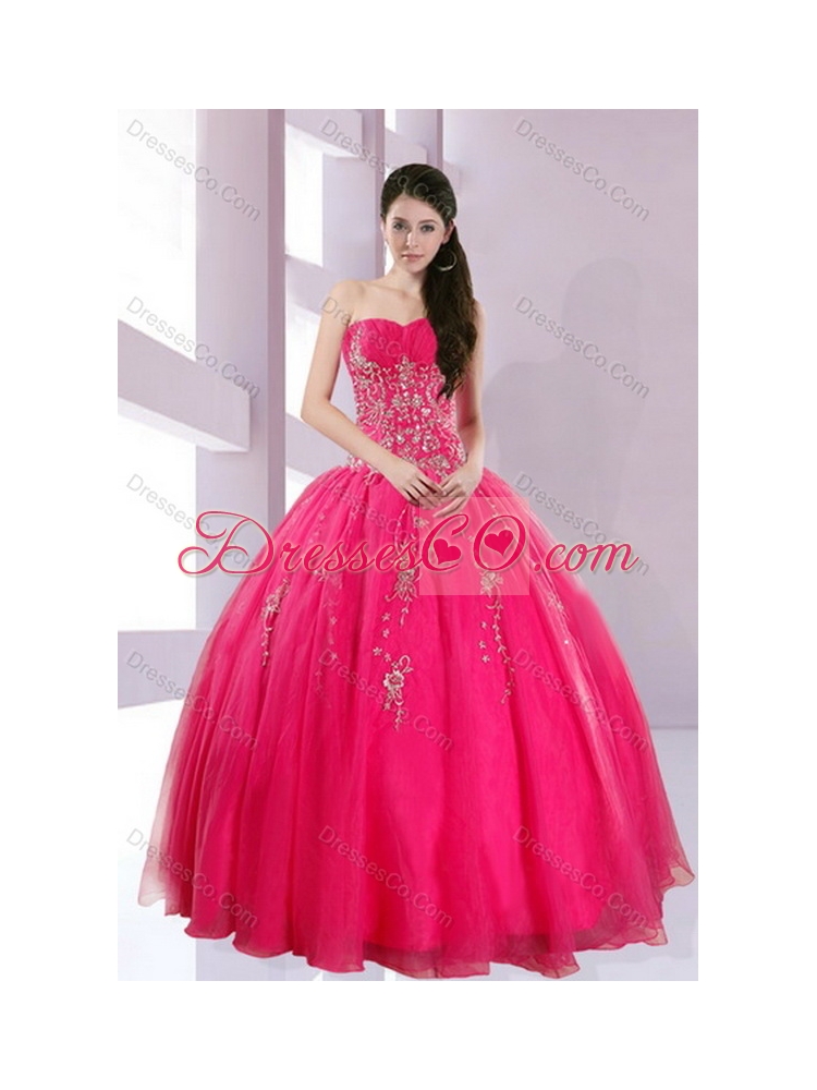 Pretty Fshionable Strapless Hot Pink Quince Dress with Appliques