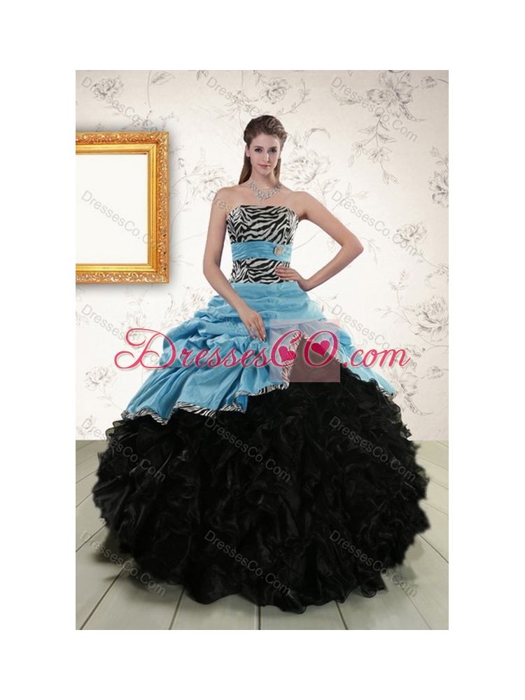 Zebra Print Multi Color Strapless Quince Dress with Ruffles and Pick Ups