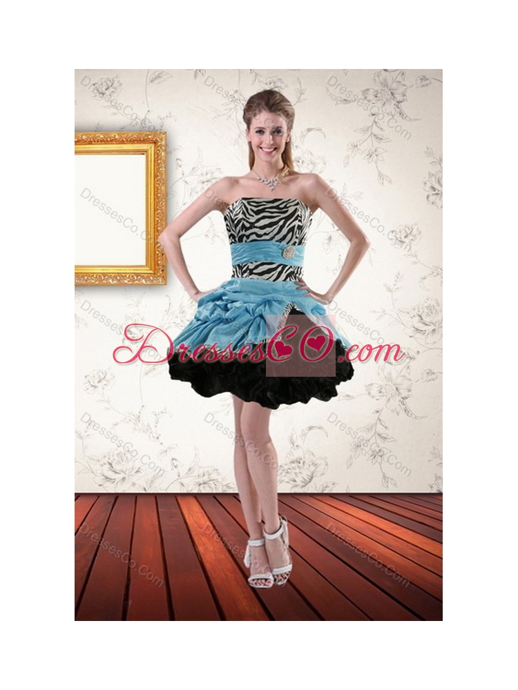 Zebra Print Multi Color Strapless Quince Dress with Ruffles and Pick Ups