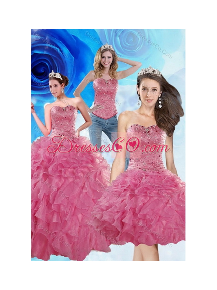 Brand New and Unique Coral Red Sweet Sixteen Dress with Beading and Ruffles